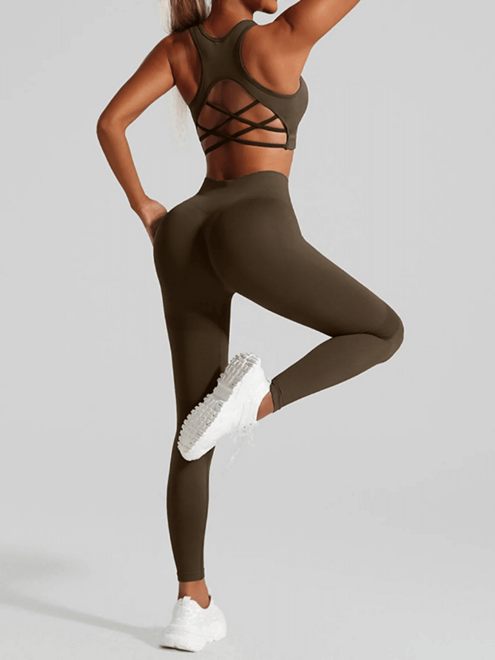 Alt Tag: Criss Cross Back Sports Bra and Leggings Set - SF4313 in green, quick-dry racerback criss-cross sports bra with high-waist leggings