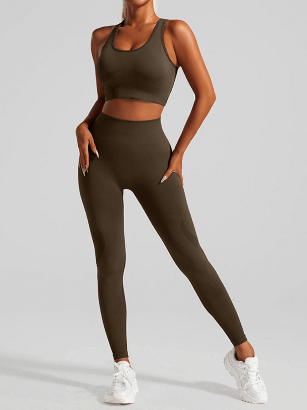 Alt Tag: Criss Cross Back Sports Bra and Leggings Set - SF4313 quick-dry seamless high-waist leggings and racerback crop top workout set