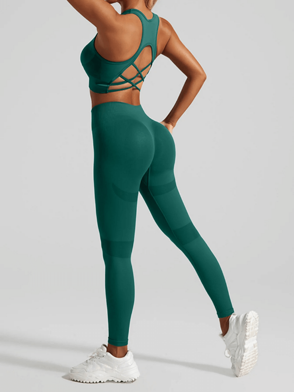 Criss Cross Back Sports Bra and Leggings Set - SF4313 green quick-dry seamless racerback criss-cross back sports bra with high-waist leggings
