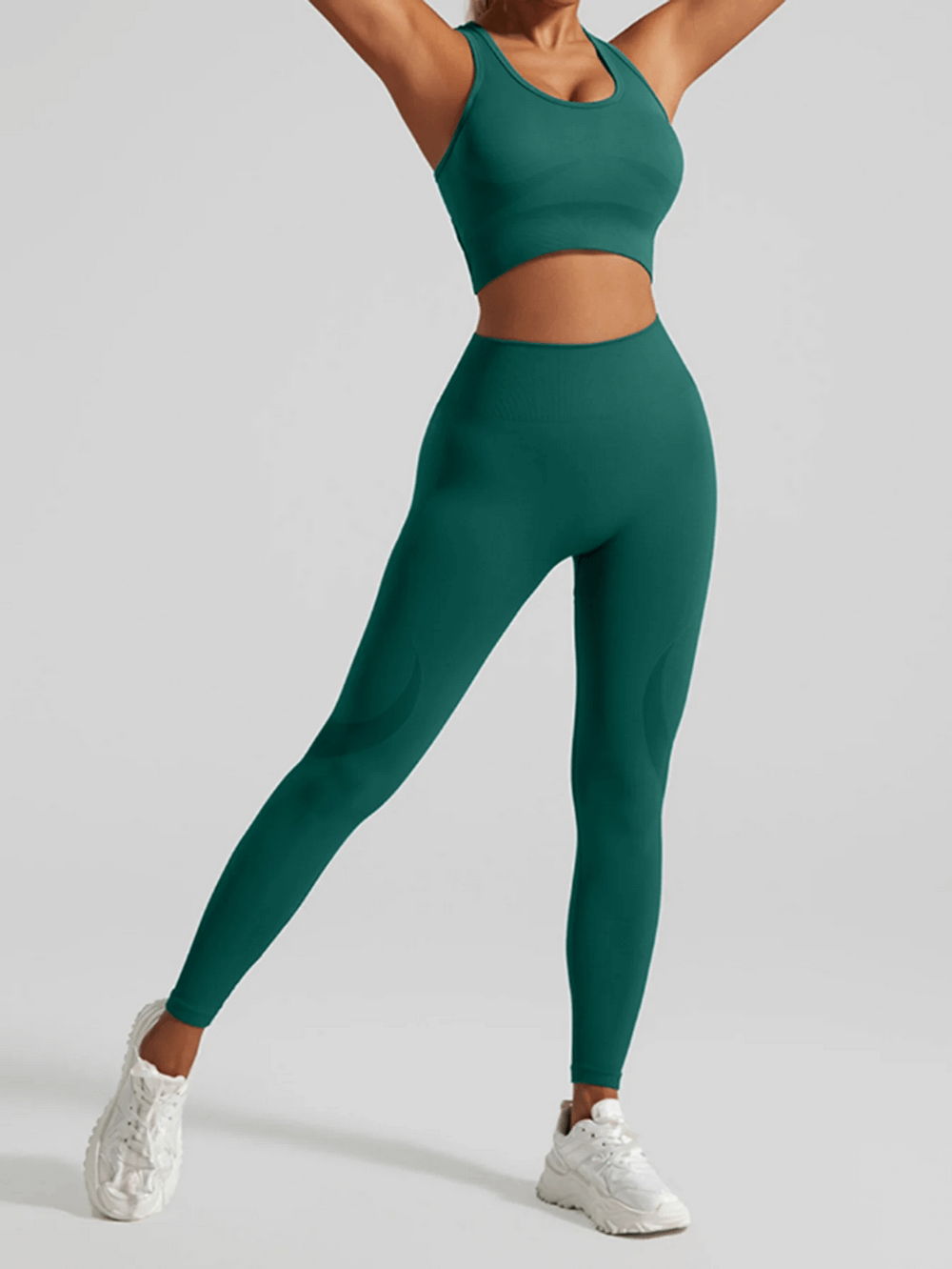 Alt Tag: Criss Cross Back Sports Bra and Leggings Set - SF4313 green quick-dry racerback sports bra and high-waist leggings workout set