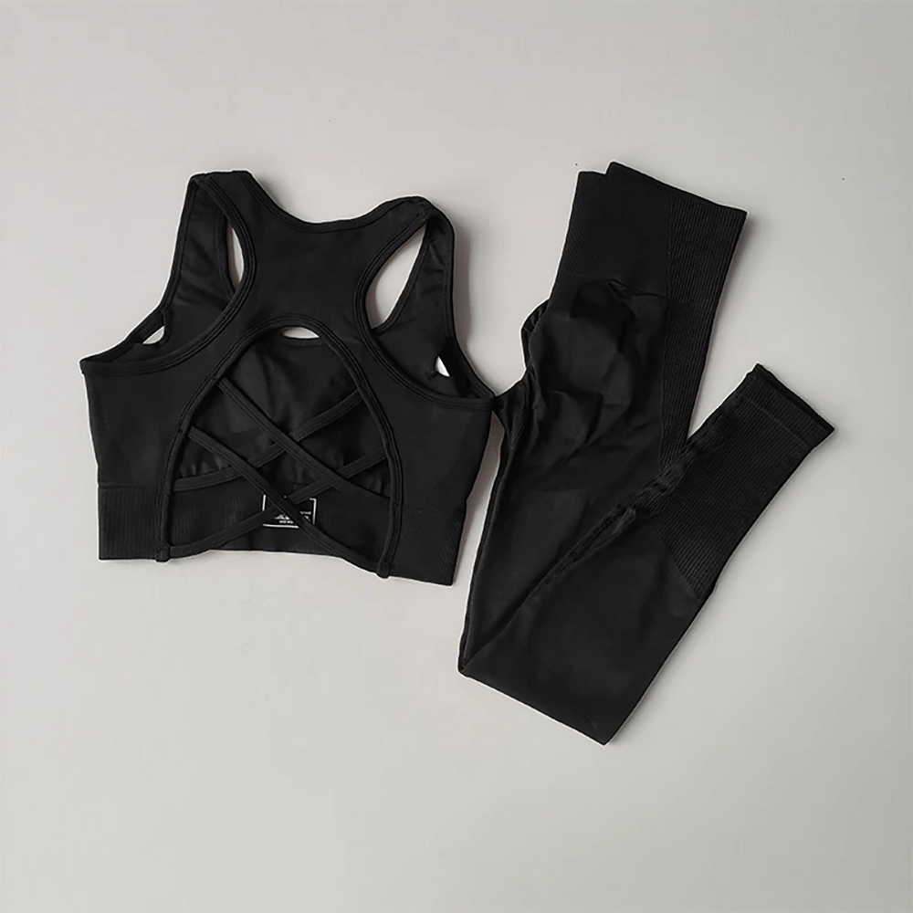 Alt Tag: Criss Cross Back Sports Bra and Leggings Set - SF4313 black quick-dry seamless racerback sports bra with high-waist leggings