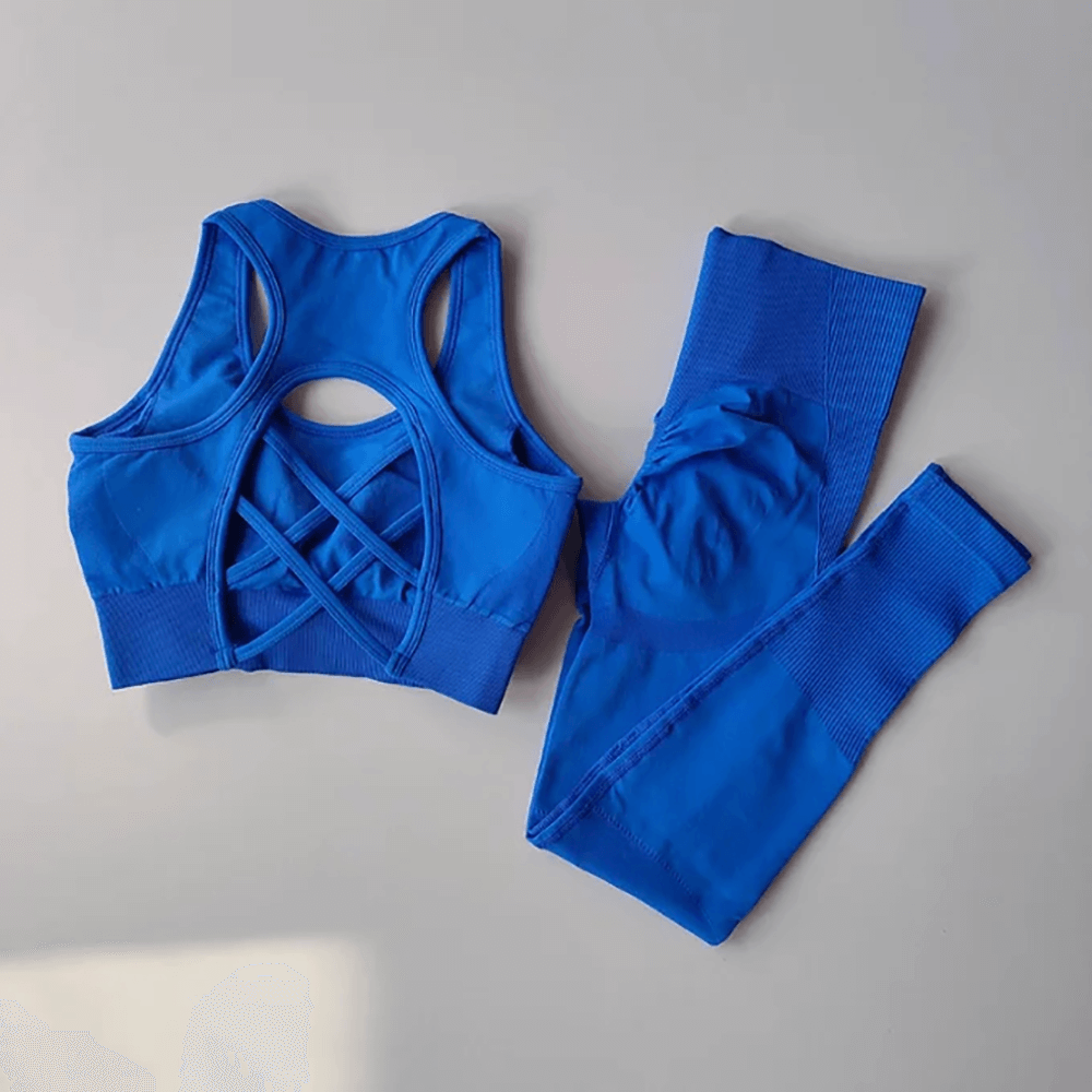 Alt Tag: Criss Cross Back Sports Bra and Leggings Set - SF4313 blue quick-dry seamless racerback yoga workout set with high-waist leggings