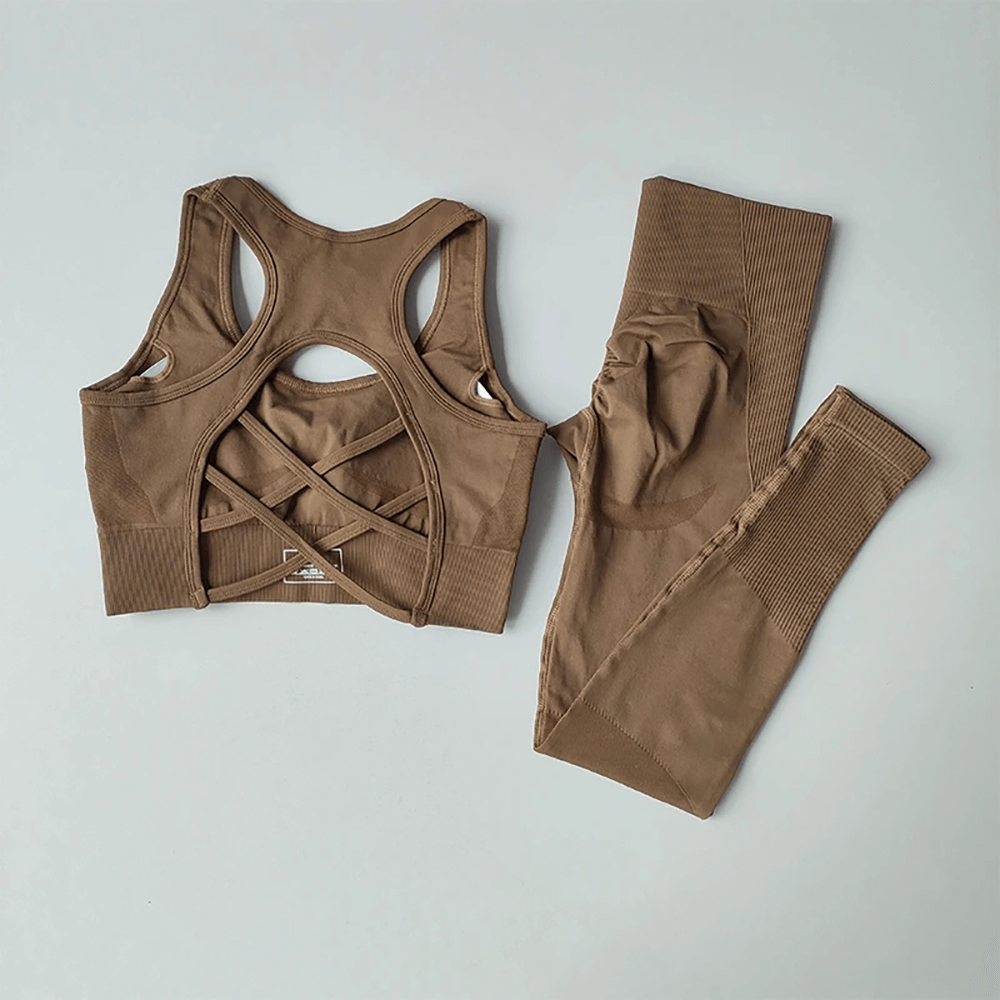 Alt Tag: Criss Cross Back Sports Bra and Leggings Set - SF4313 quick-dry seamless racerback yoga set with high-waist leggings, brown
