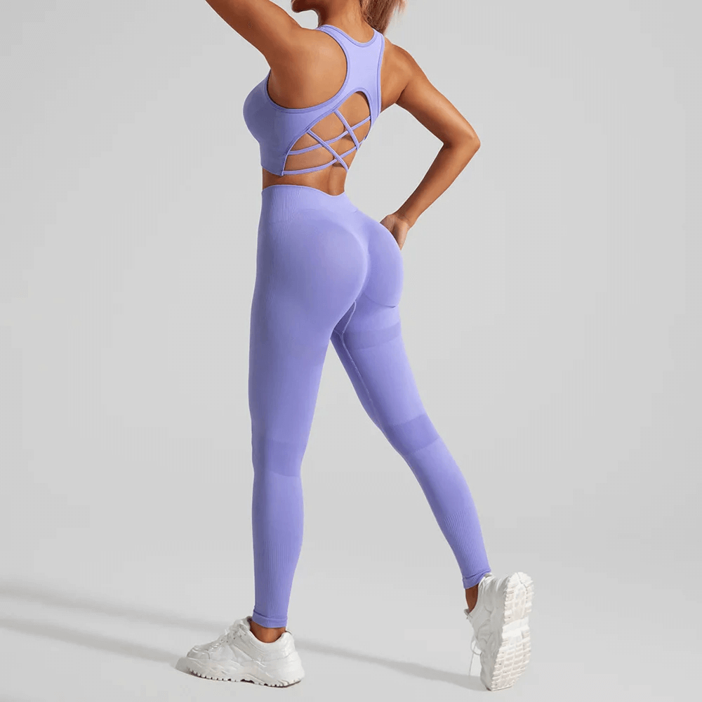 Criss Cross Back Sports Bra and Leggings Set - SF4313 in lavender, racerback criss-cross sports bra with high waist leggings, quick dry
