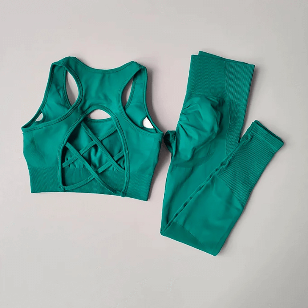 Alt Tag: Criss Cross Back Sports Bra and Leggings Set - SF4313 green quick-dry racerback criss-cross sports bra with high-waist leggings