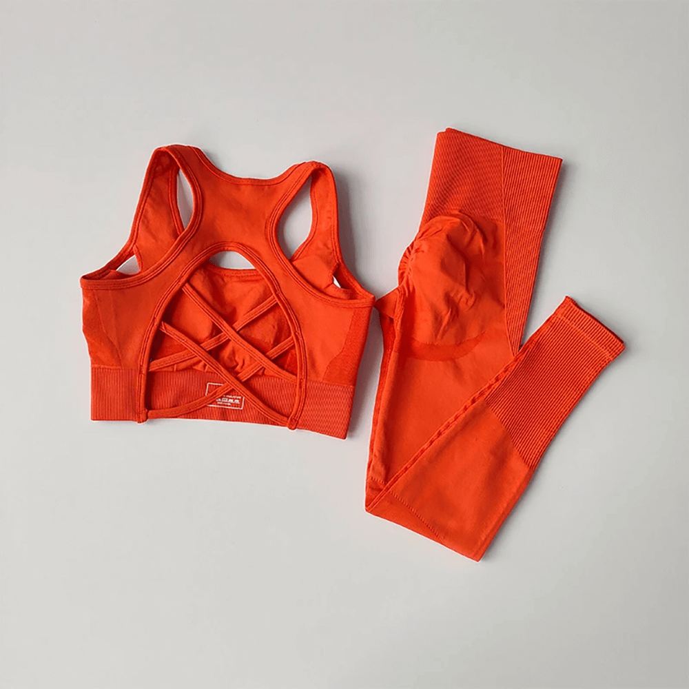 Alt Tag: Criss Cross Back Sports Bra and Leggings Set - SF4313 in orange, quick-dry racerback crop top with criss-cross back + high-waist leggings
