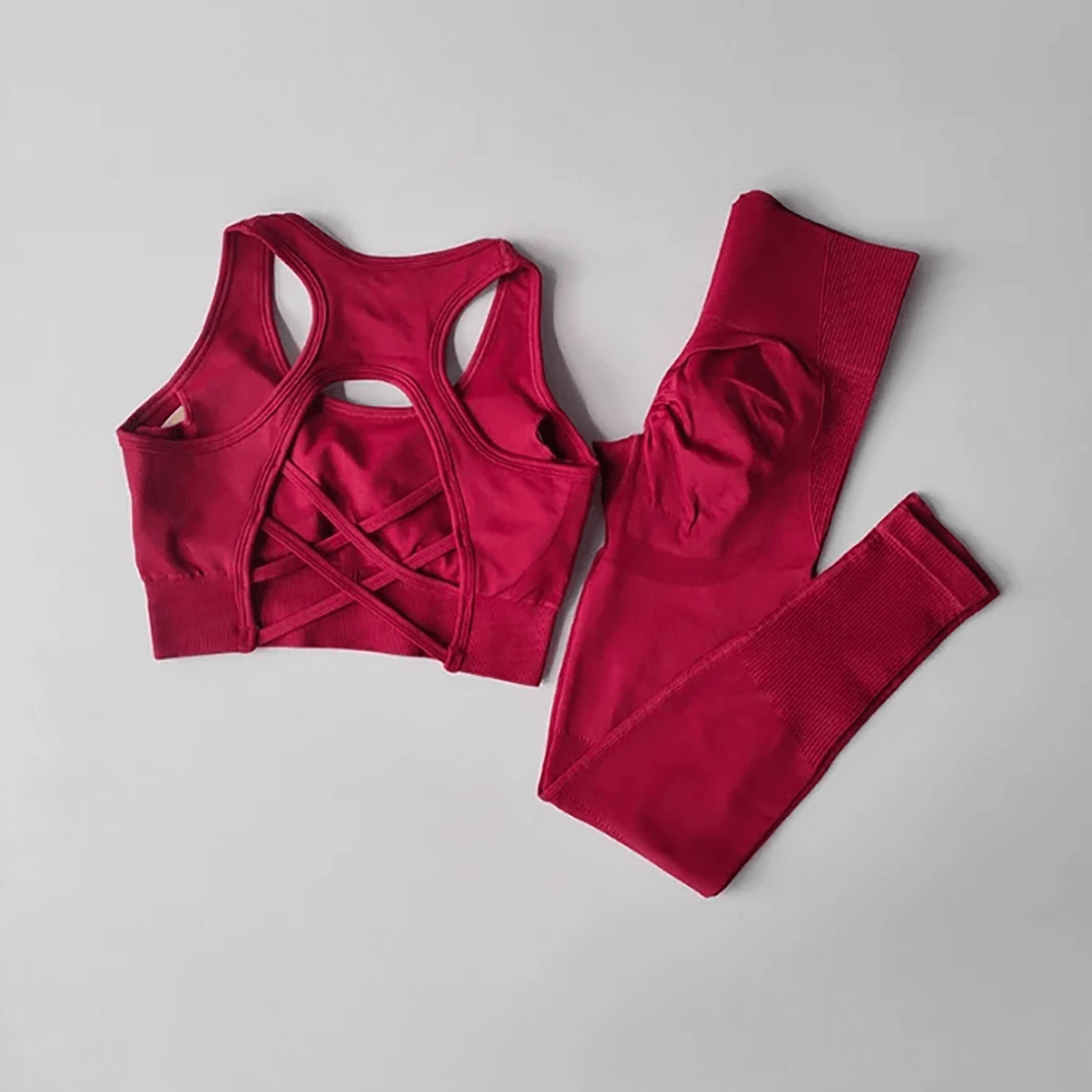 Alt Tag: Criss Cross Back Sports Bra and Leggings Set - SF4313 quick-dry seamless racerback sports bra with criss-cross back and high-waist leggings