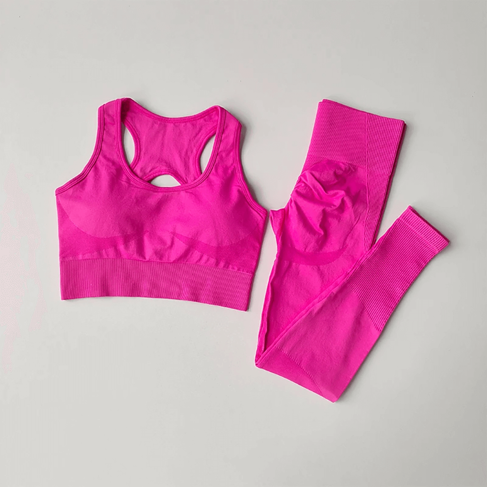Criss Cross Back Sports Bra and Leggings Set - SF4313 hot pink quick-dry seamless racerback crop top and high-waist leggings