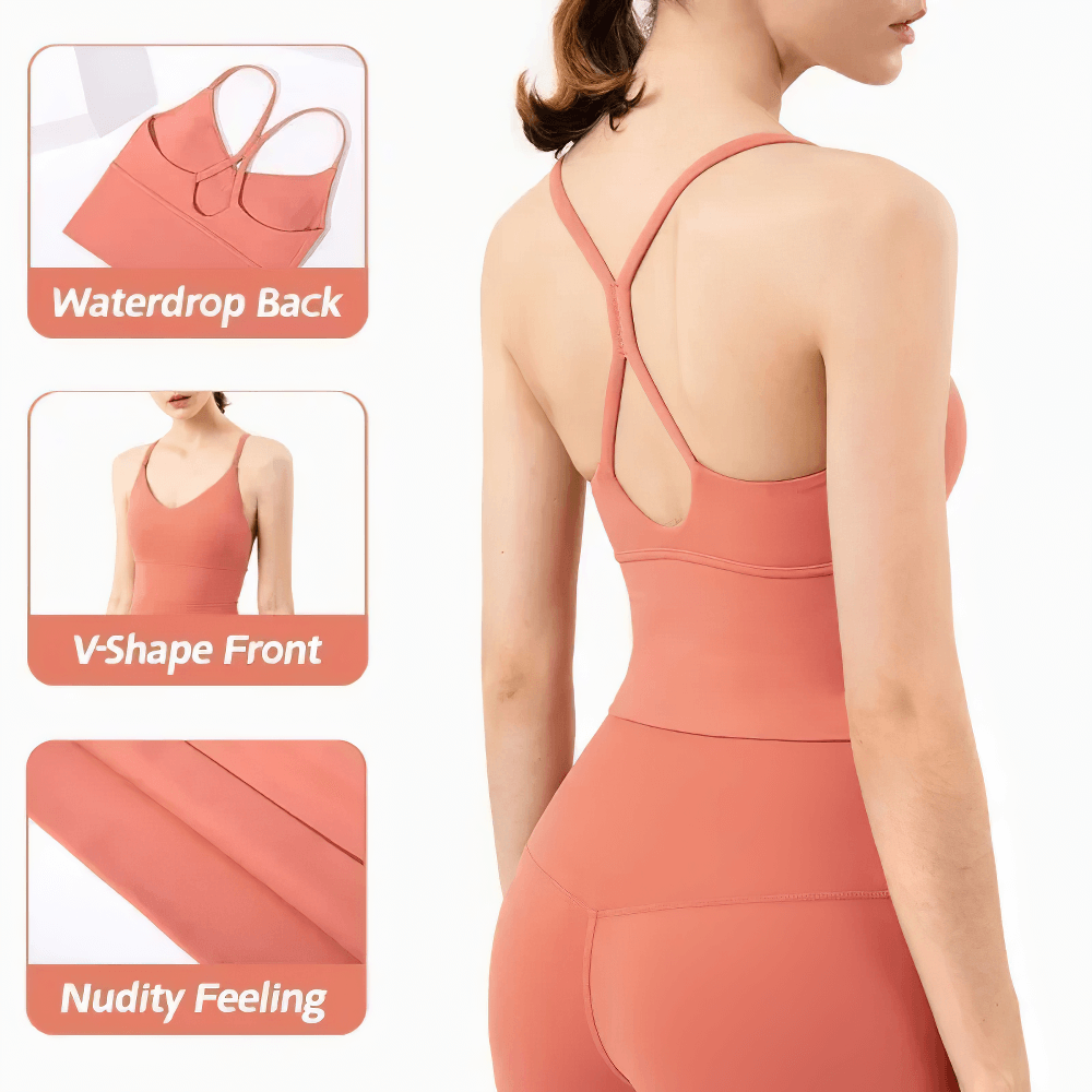 Alt Tag: Crisscross-back Sports Bra and Leggings Set - SF4362 coral set with crisscross back, V-neck front, high-waist leggings, quick-dry nude feel