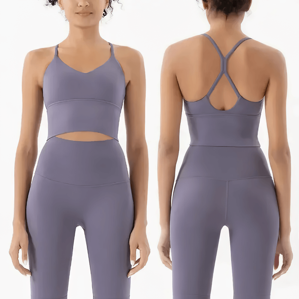 Alt Tag: Crisscross-back Sports Bra and Leggings Set - SF4362 purple V-neck crisscross back sports bra with high-waist leggings, seamless