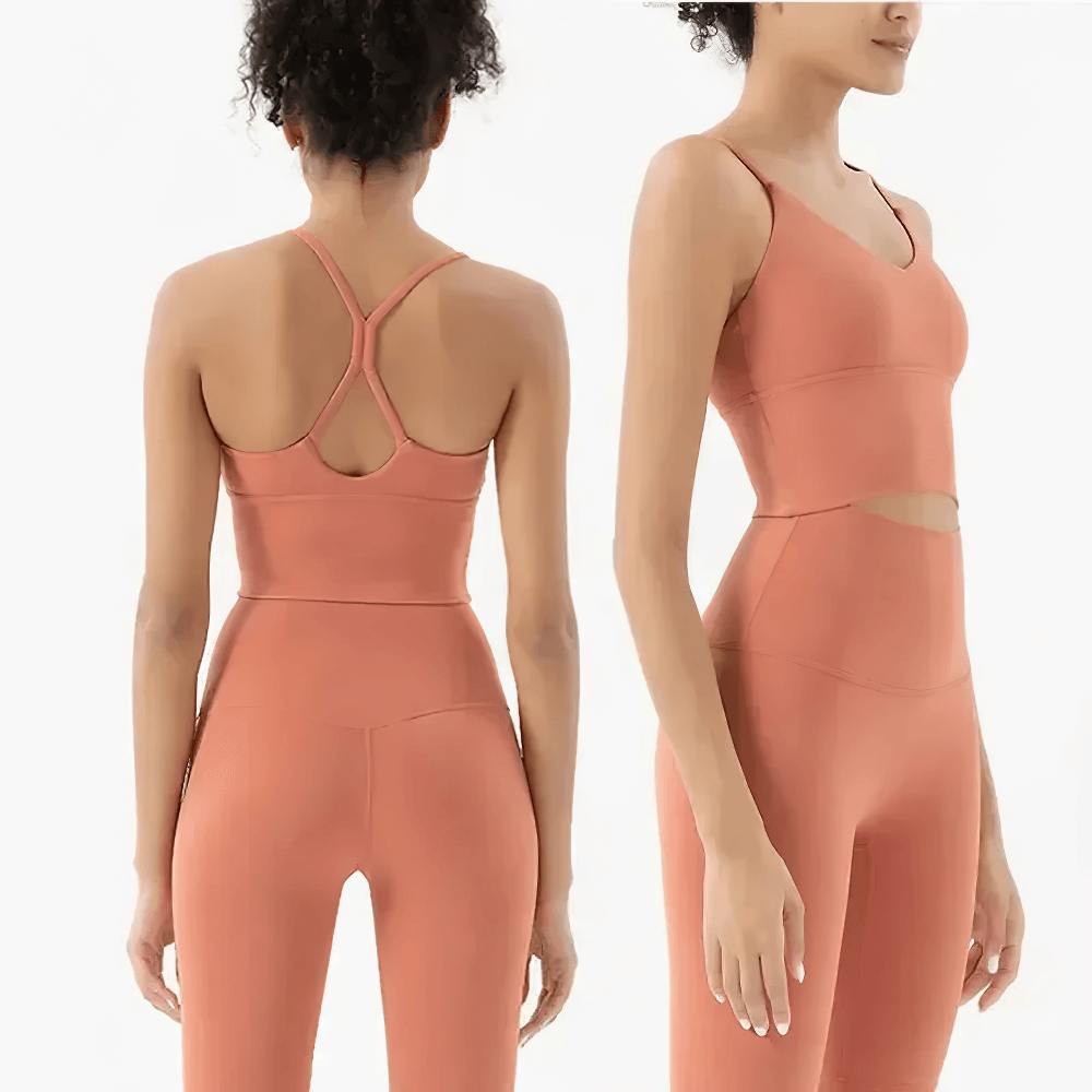 Alt Tag: Crisscross-back Sports Bra and Leggings Set - SF4362 in coral, V-neck bra with crisscross straps and high-waist leggings