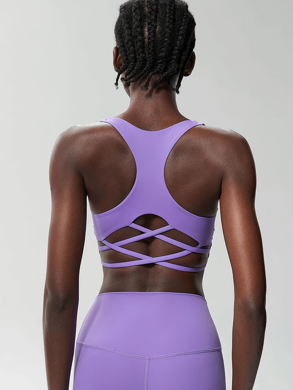 Crisscross Back Sports Bra with Removable Pads - SF4040 in purple, showcasing a stylish racerback design for yoga and workouts.