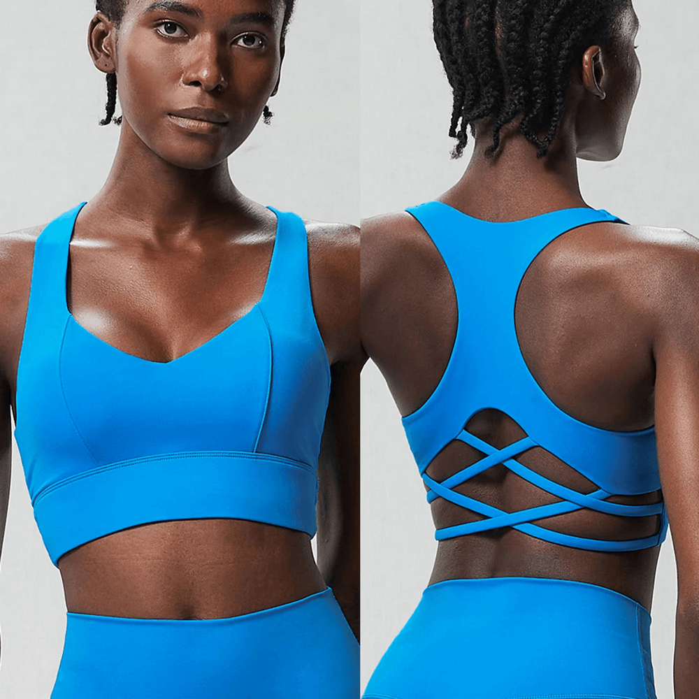 Blue Crisscross Back Sports Bra with Removable Pads - SF4040 shown front and back on model, V-neck design, ideal for yoga and gym workouts.