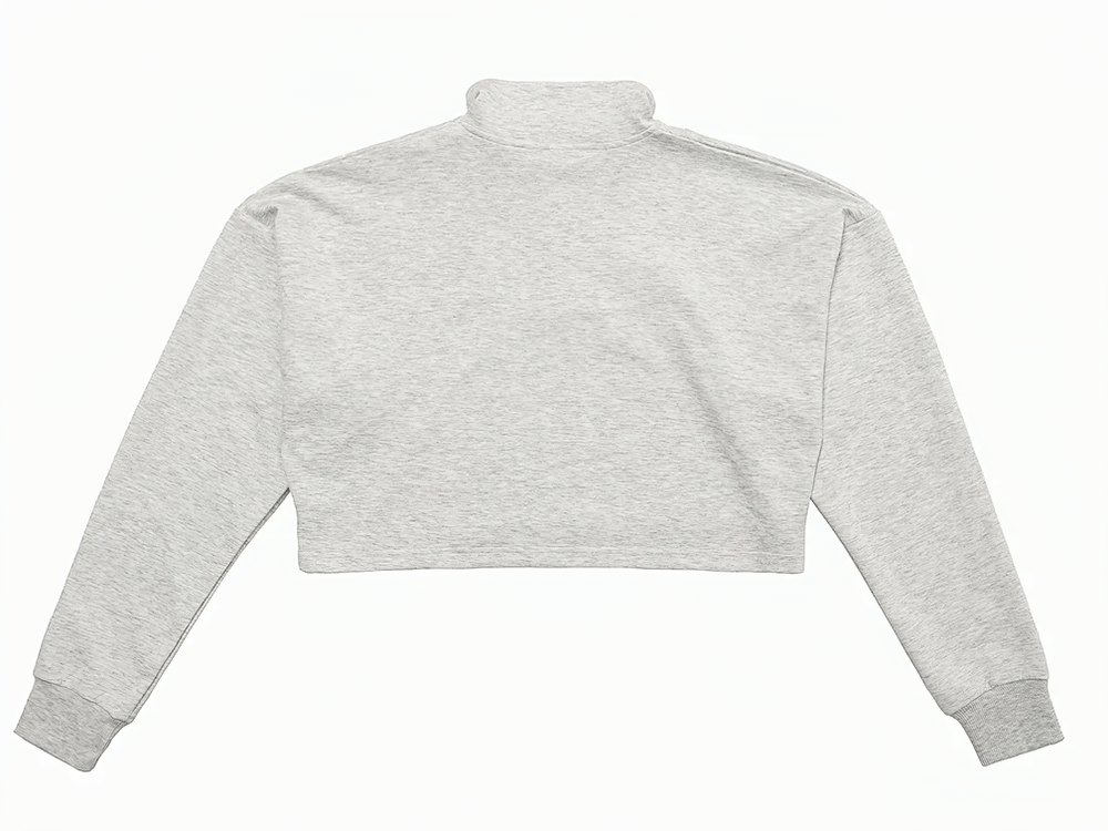 Gray cropped sweatshirt with a half-zip and ribbed cuffs, featuring a relaxed drop shoulder design ideal for casual wear.