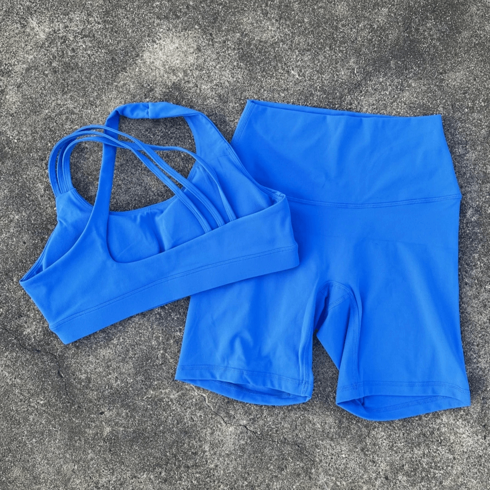 Alt Tag: Cross Back Yoga Bra and High Waist Gym Shorts Set - SF4355 blue cross-back sports bra + high-waist biker shorts set