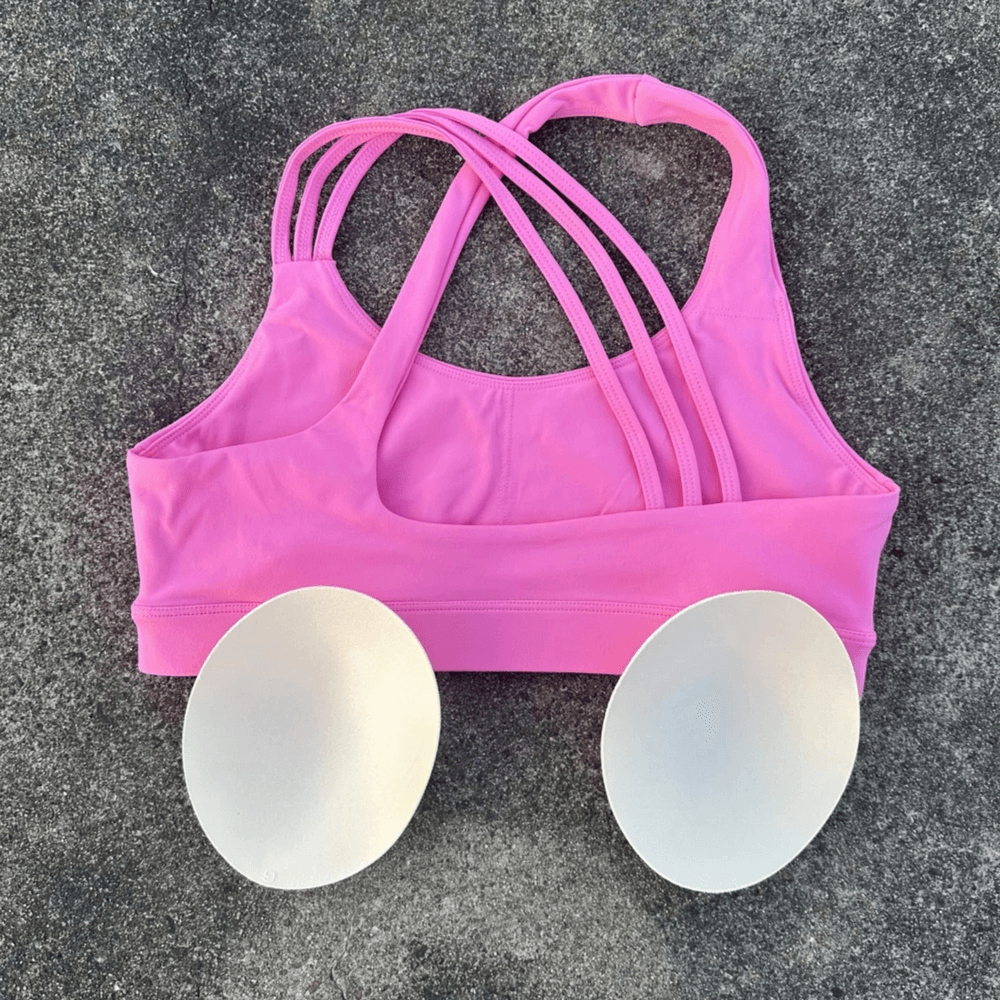 Alt Tag: Cross Back Yoga Bra and High Waist Gym Shorts Set - SF4355 pink cross-back sports bra with removable pads, high-impact support