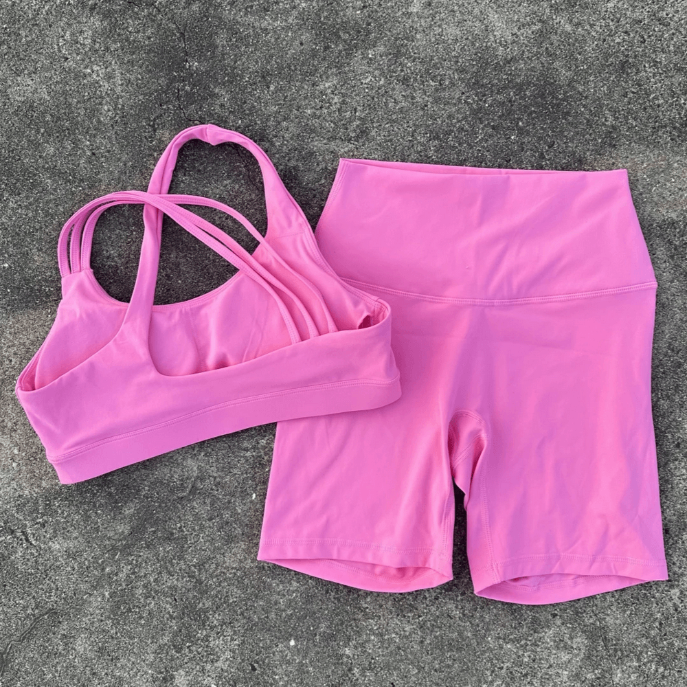Alt Tag: Cross Back Yoga Bra and High Waist Gym Shorts Set - SF4355 pink cross-back sports bra with high-waist biker shorts