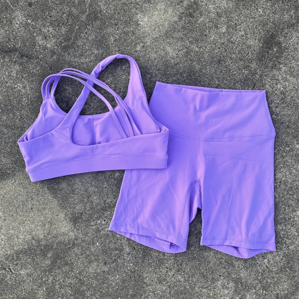 Alt Tag: Cross Back Yoga Bra and High Waist Gym Shorts Set - SF4355 in purple, cross-back sports bra with high-waist gym shorts