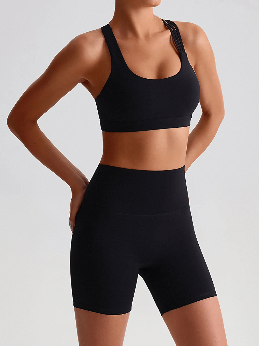Alt Tag: Cross Back Yoga Bra and High Waist Gym Shorts Set - SF4355 black two-piece activewear with supportive bra and high waist shorts