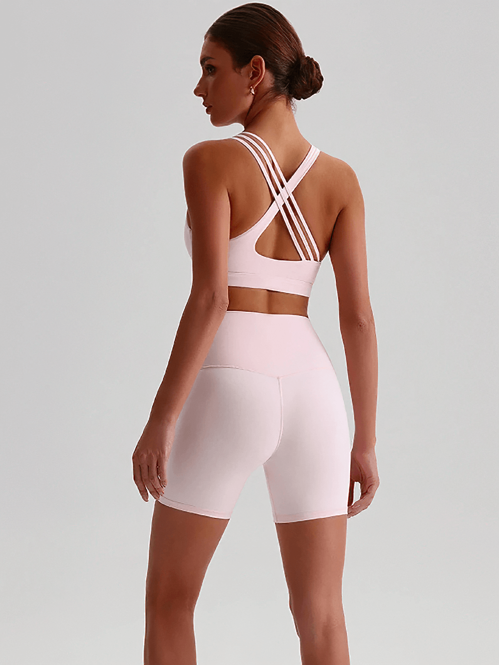 Alt Tag: Cross Back Yoga Bra and High Waist Gym Shorts Set - SF4355 pink set, cross-back straps, high-waist shorts, back view