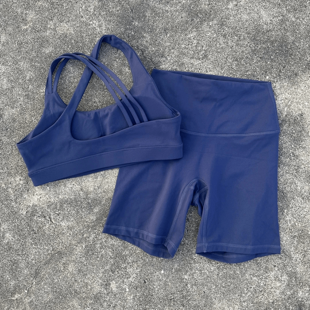 Alt Tag: Cross Back Yoga Bra and High Waist Gym Shorts Set - SF4355 blue cross-back sports bra and high-waist shorts set