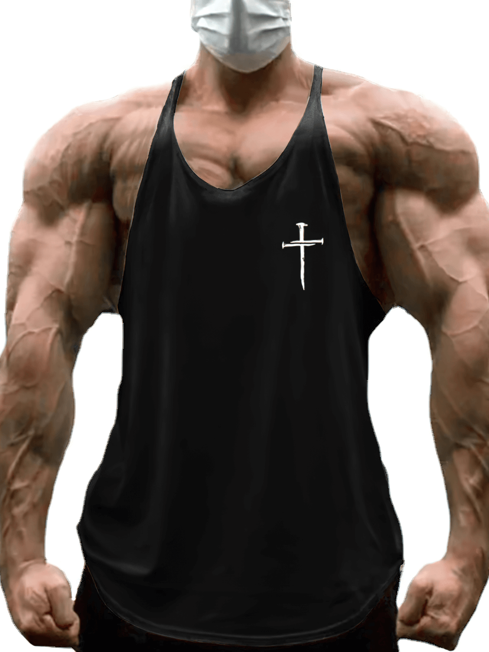 Bodybuilder wearing Cross Print Gym Bodybuilding Y-Back Tank Top - SF4145 showcasing muscle definition.
