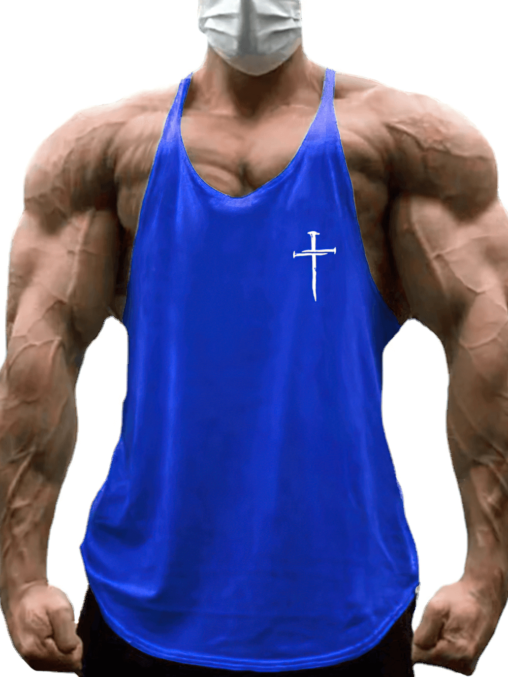 Cross Print Gym Bodybuilding Y-Back Tank Top - SF4145 in blue worn by a muscular athlete, featuring a stylish cross design.