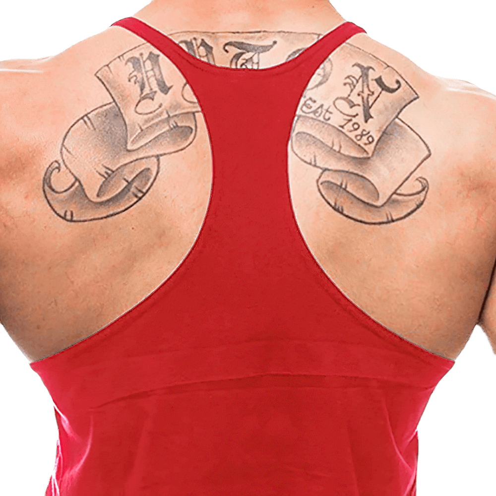 Back view of Cross Print Gym Bodybuilding Y-Back Tank Top - SF4145 showcasing red color and tattoo details.