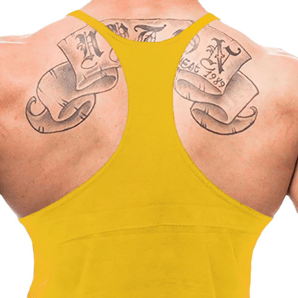Back view of Cross Print Gym Bodybuilding Y-Back Tank Top - SF4145 highlighting tattoo design and yellow fabric
