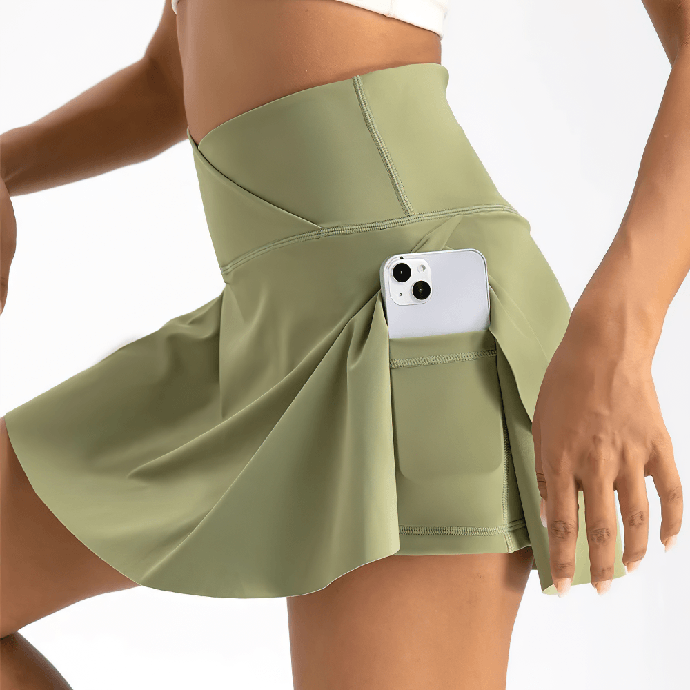 Alt Tag: Crossover High Waist Golf Skirt with Pocket - SF4439, pleated tennis skort with inner shorts and side pocket (sage green)