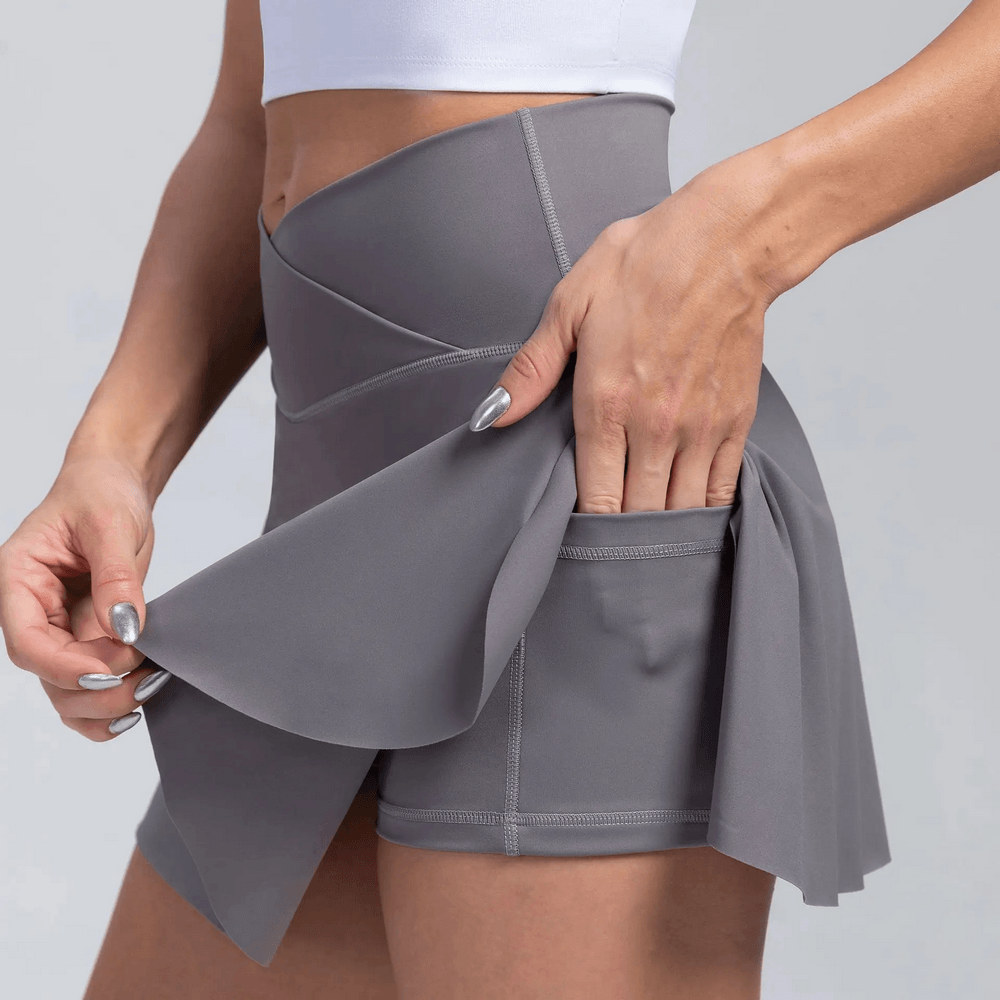 Alt Tag: Crossover High Waist Golf Skirt with Pocket - SF4439 womens pleated tennis skort with inner shorts and side pocket, gray