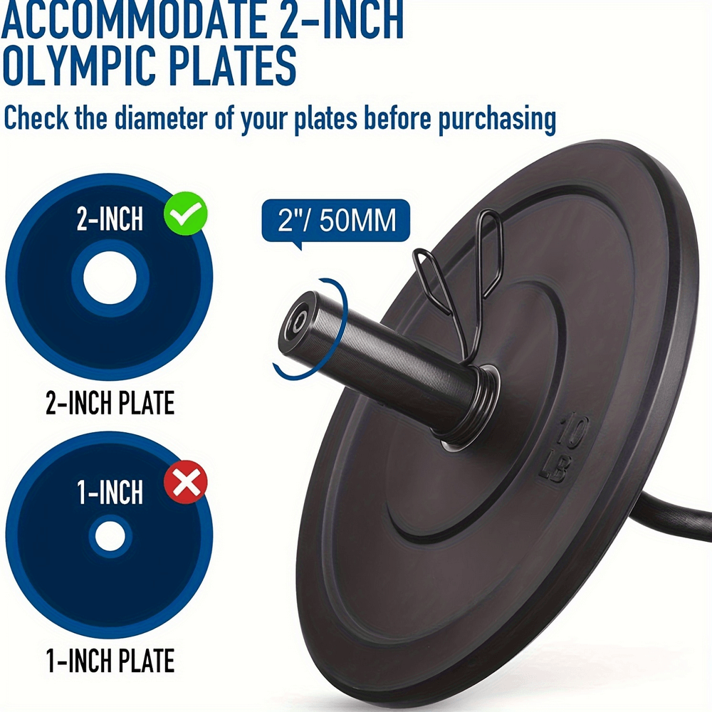 Curl barbell with 2-inch Olympic plates compatibility diagram, showing fit comparison for different plate sizes.