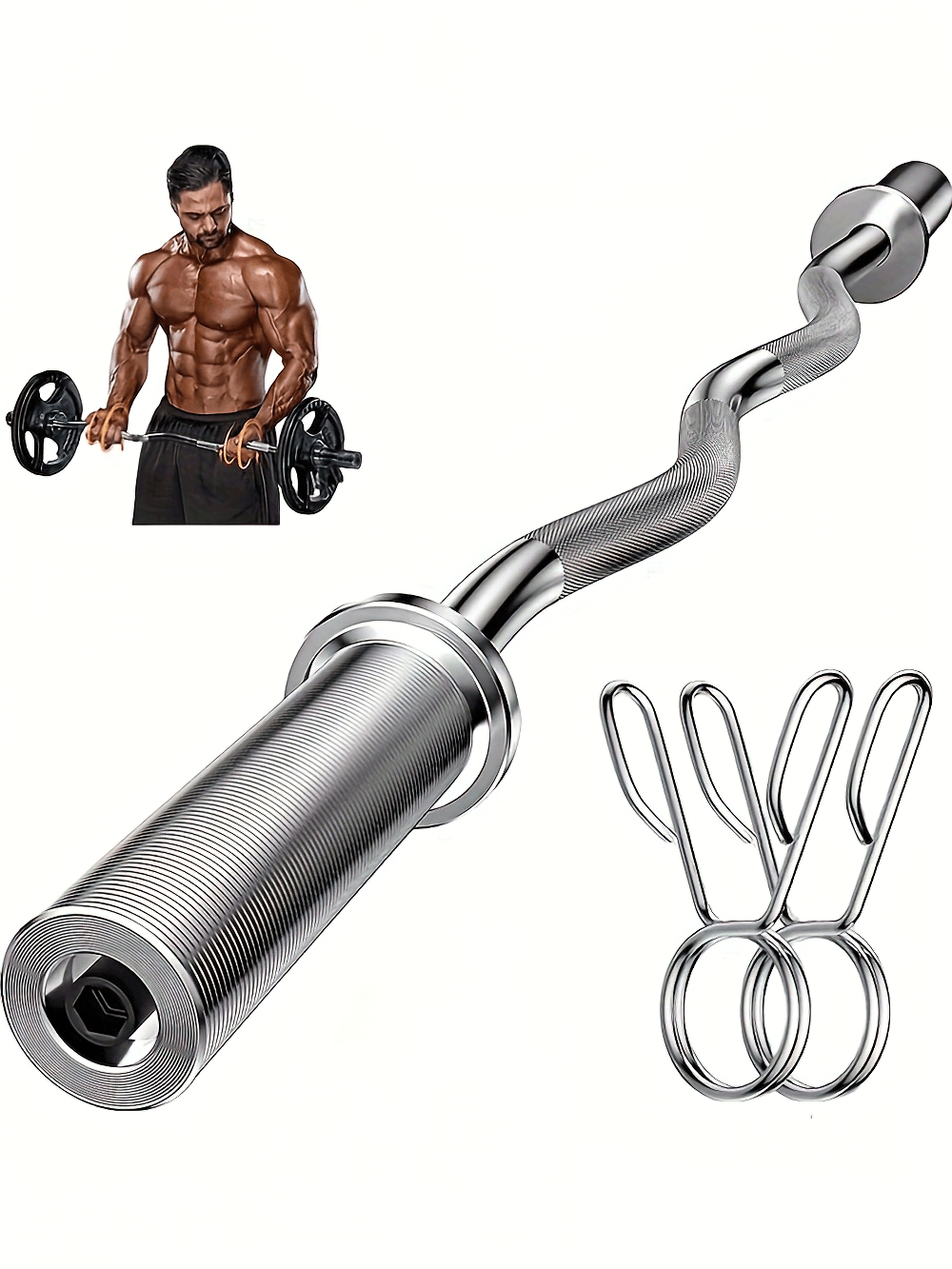 47-inch chrome curl barbell with spring collars for strength training, ideal for bicep curls and gym workouts SF2913.