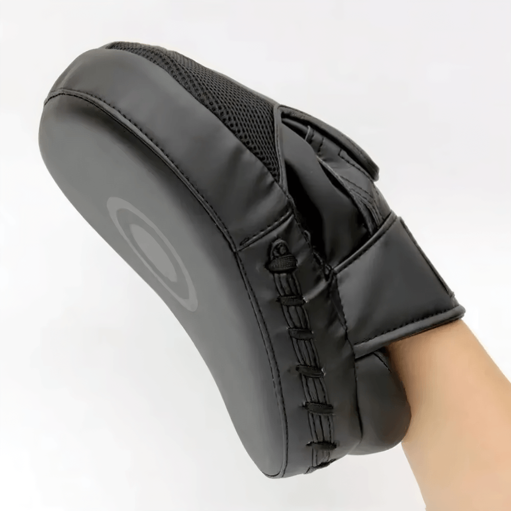 Curved Boxing Focus Mitts for MMA and Kickboxing, featuring thick padding and breathable mesh for precision training.