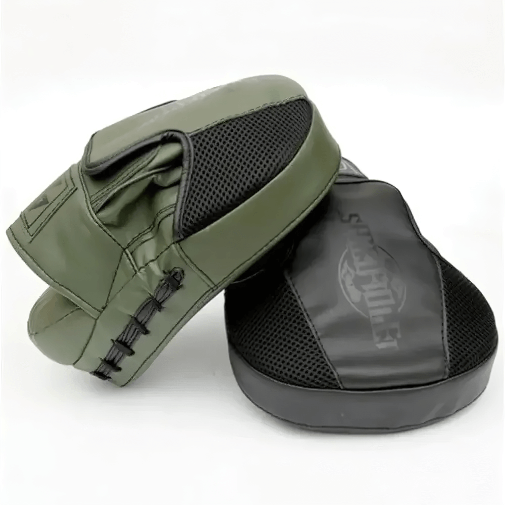 Curved boxing focus mitts SF3142 for MMA, kickboxing, and Muay Thai training with breathable mesh and thick padding.