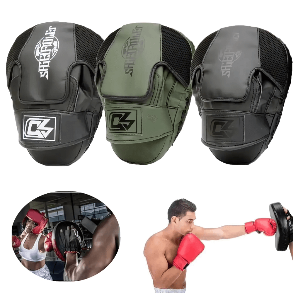 Curved boxing focus mitts for MMA and kickboxing training with thick padding and breathable mesh, perfect for Muay Thai and sparring.