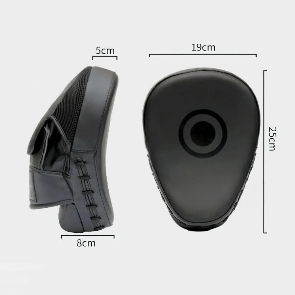 Curved boxing focus mitts with measurements, ideal for MMA, Muay Thai, and kickboxing training, featuring breathable mesh and padding.