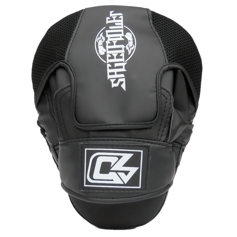 Curved boxing focus mitt for MMA and kickboxing, SF3142, with black design and logo. Ideal for Muay Thai and sparring drills.