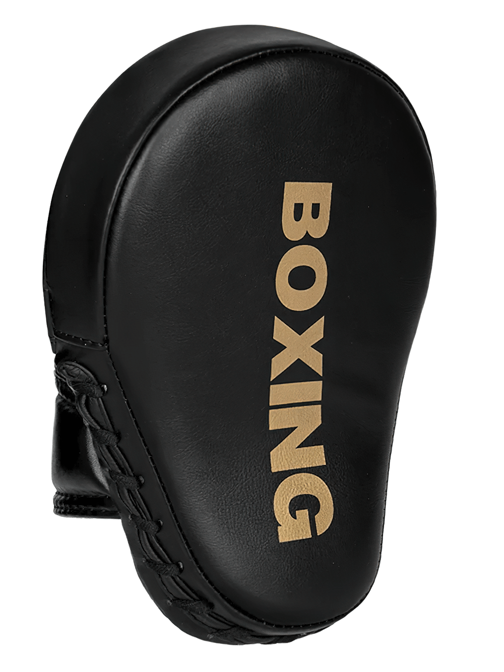 Black curved boxing focus pad with 'BOXING' text, ideal for MMA and kickboxing training. Durable PU leather design for striking.