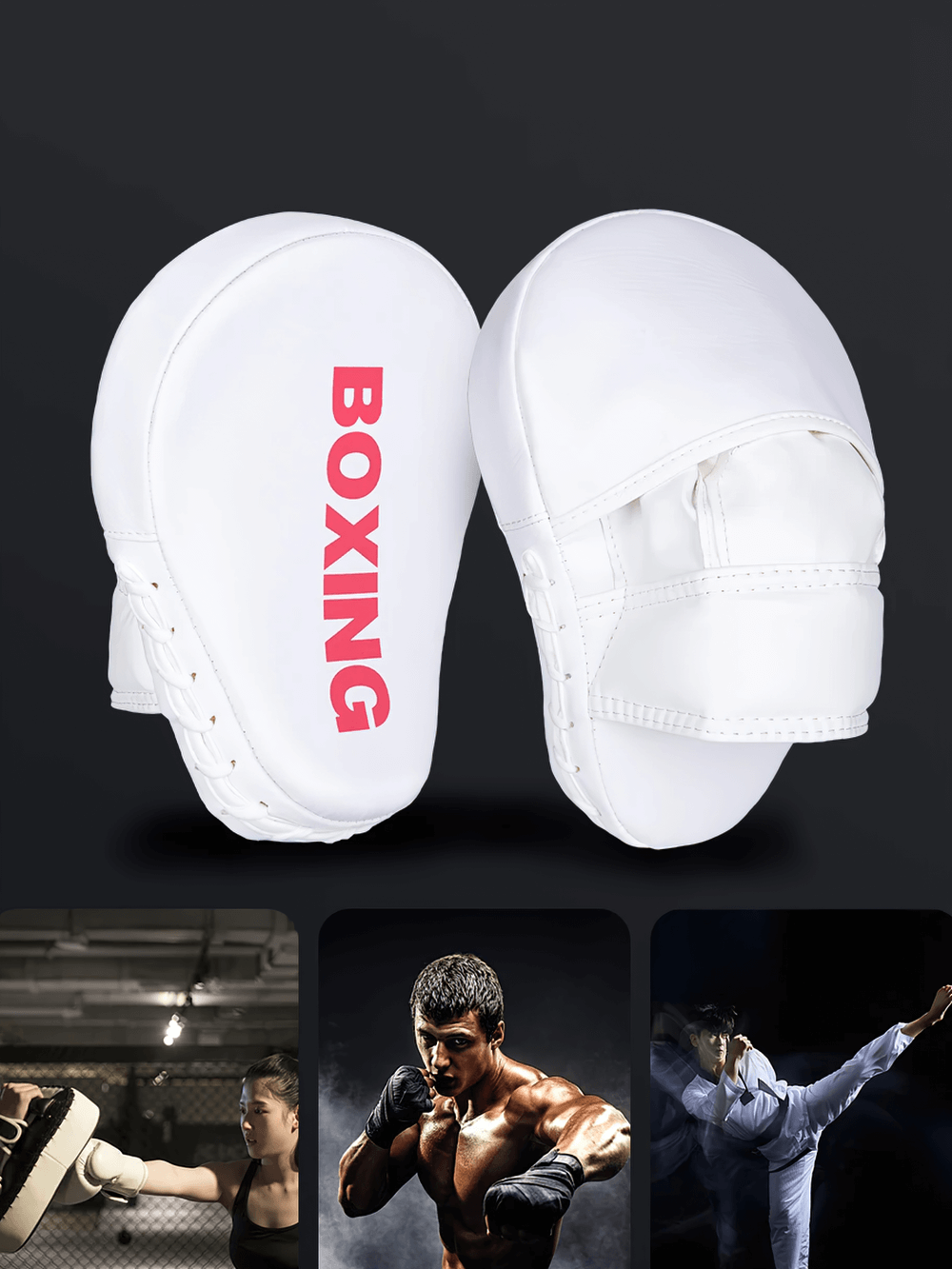 Curved boxing focus pads for MMA, Sanda, and Muay Thai training, featuring a stable grip and durable PU leather construction.