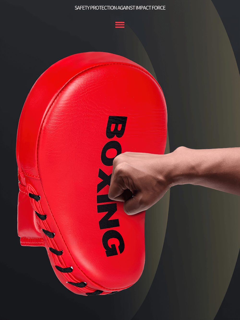 Red curved boxing focus pad for MMA and kickboxing training, featuring a five-finger glove grip for stability and durable PU leather construction.