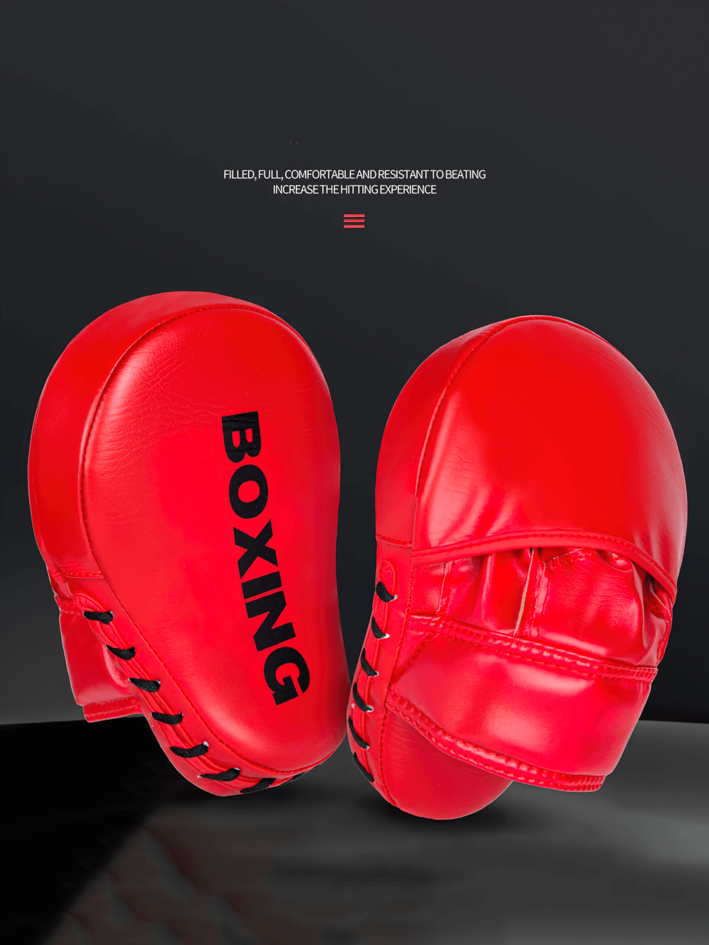 Red curved boxing focus pad for MMA, kickboxing training, with five-finger glove grip, durable PU leather, SF3145 model.