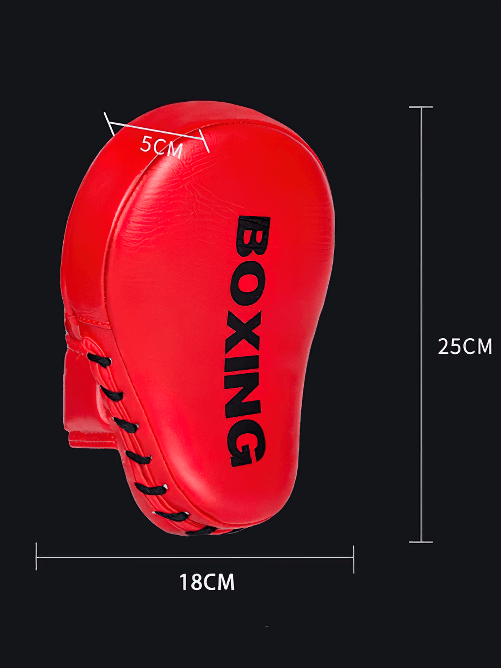 Red curved boxing focus pad with measurements, perfect for MMA, Sanda, Muay Thai, and kickboxing training, featuring durable PU leather.