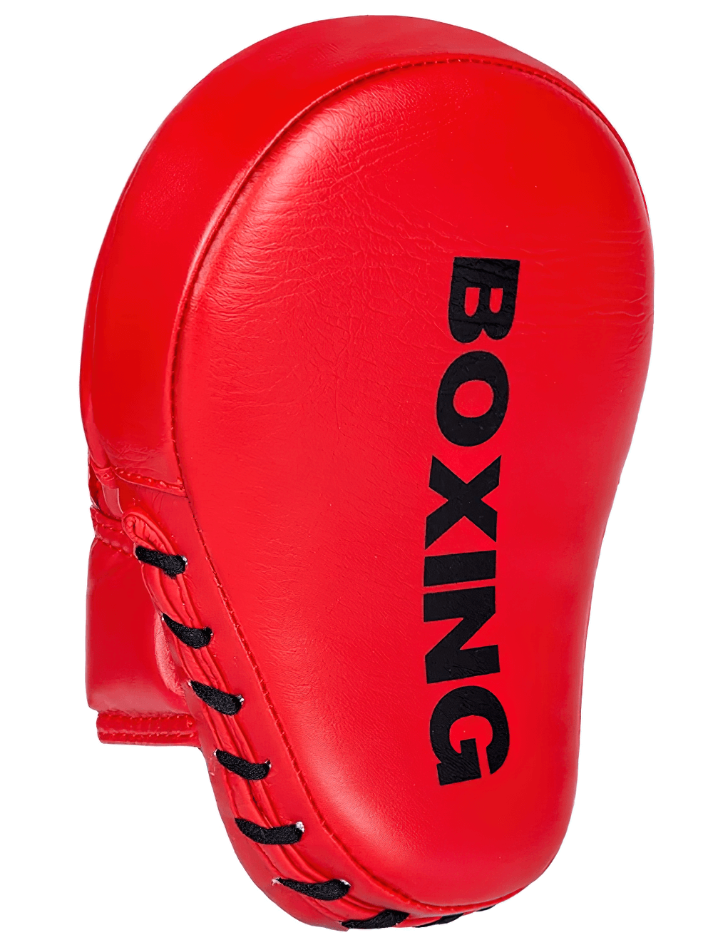 Red curved boxing focus pad for MMA and kickboxing, with five-finger glove grip, durable PU leather, and stitched edges for training.