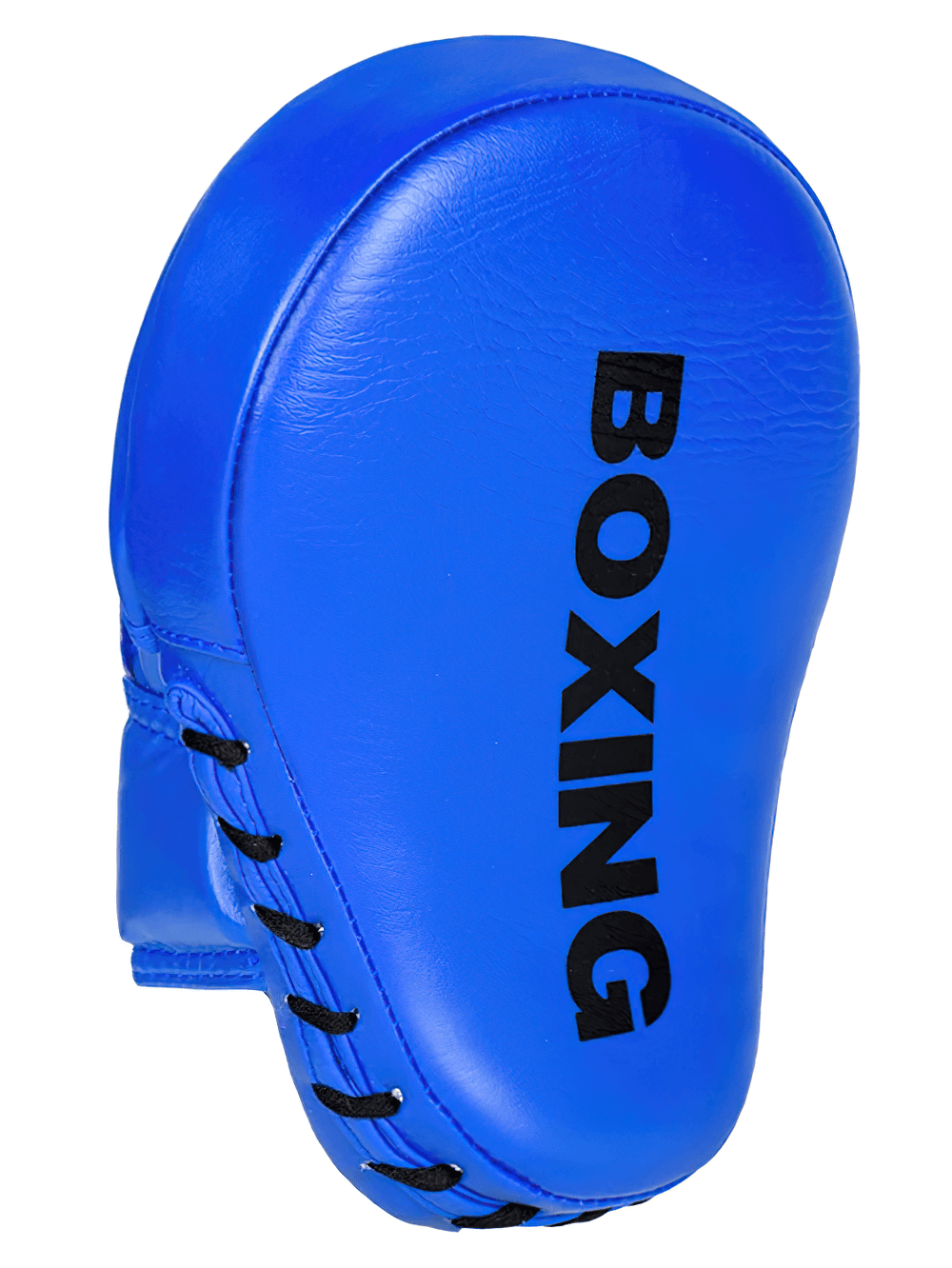 Blue curved boxing focus pad for precision MMA and kickboxing training, featuring five-finger grip and PU leather.
