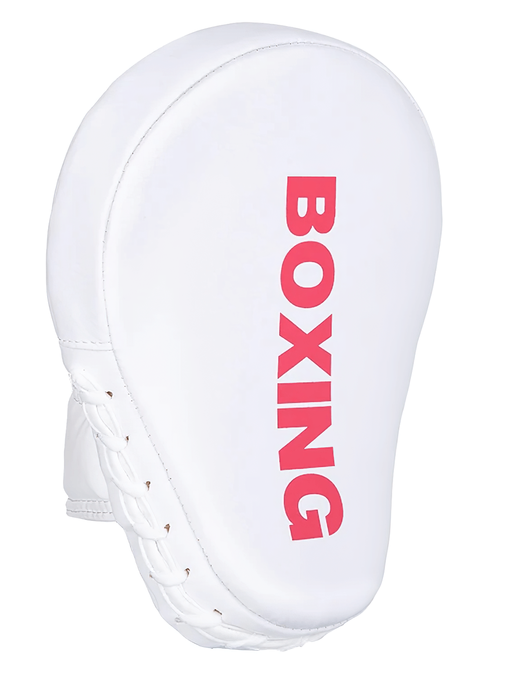 Curved Boxing Focus Pad SF3145 for MMA, Muay Thai, and kickboxing, white with red 'Boxing' text, five-finger glove grip.