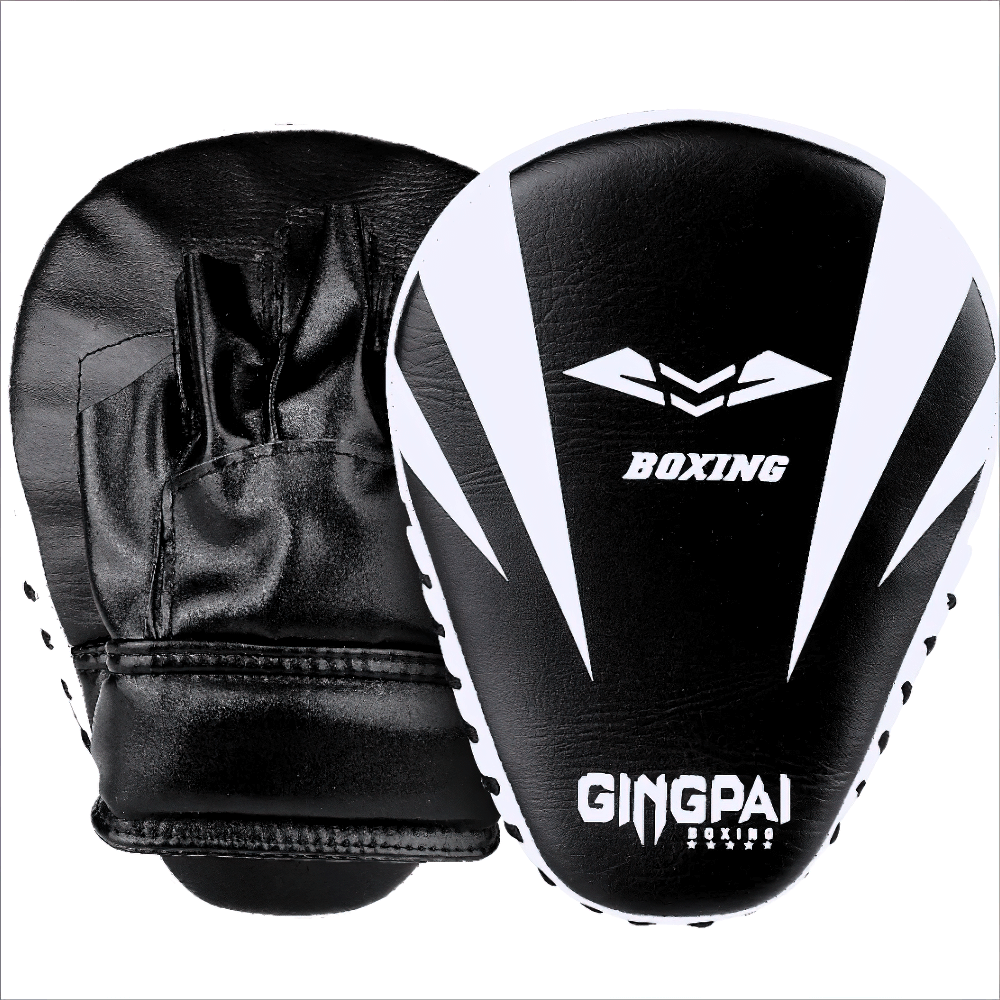 Curved boxing focus pads with ergonomic hand grip and durable design for martial arts, Muay Thai, and kickboxing training.