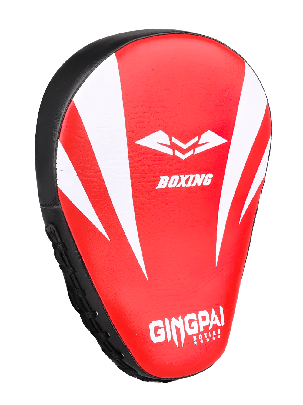 Curved red boxing focus pad with ergonomic hand grip for martial arts training.