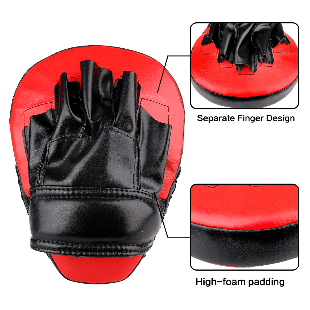 Curved boxing focus pad with ergonomic hand design, separate fingers, and high-foam padding for martial arts training.