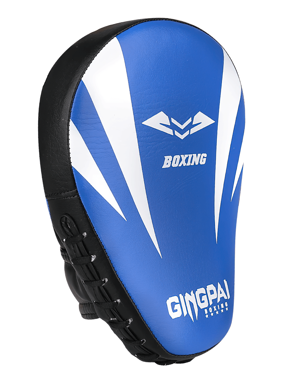 Blue curved boxing focus pad with ergonomic hand grip design, ideal for Muay Thai and kickboxing training. Durable and unisex.